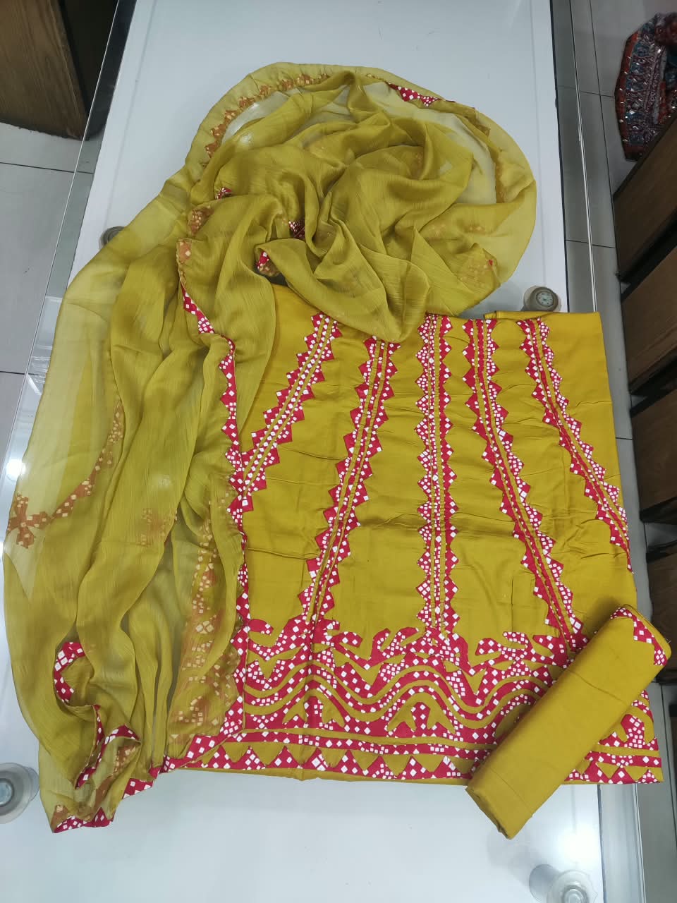 Handmade Applique Hand Work Lawn Suit - Olive & Pink