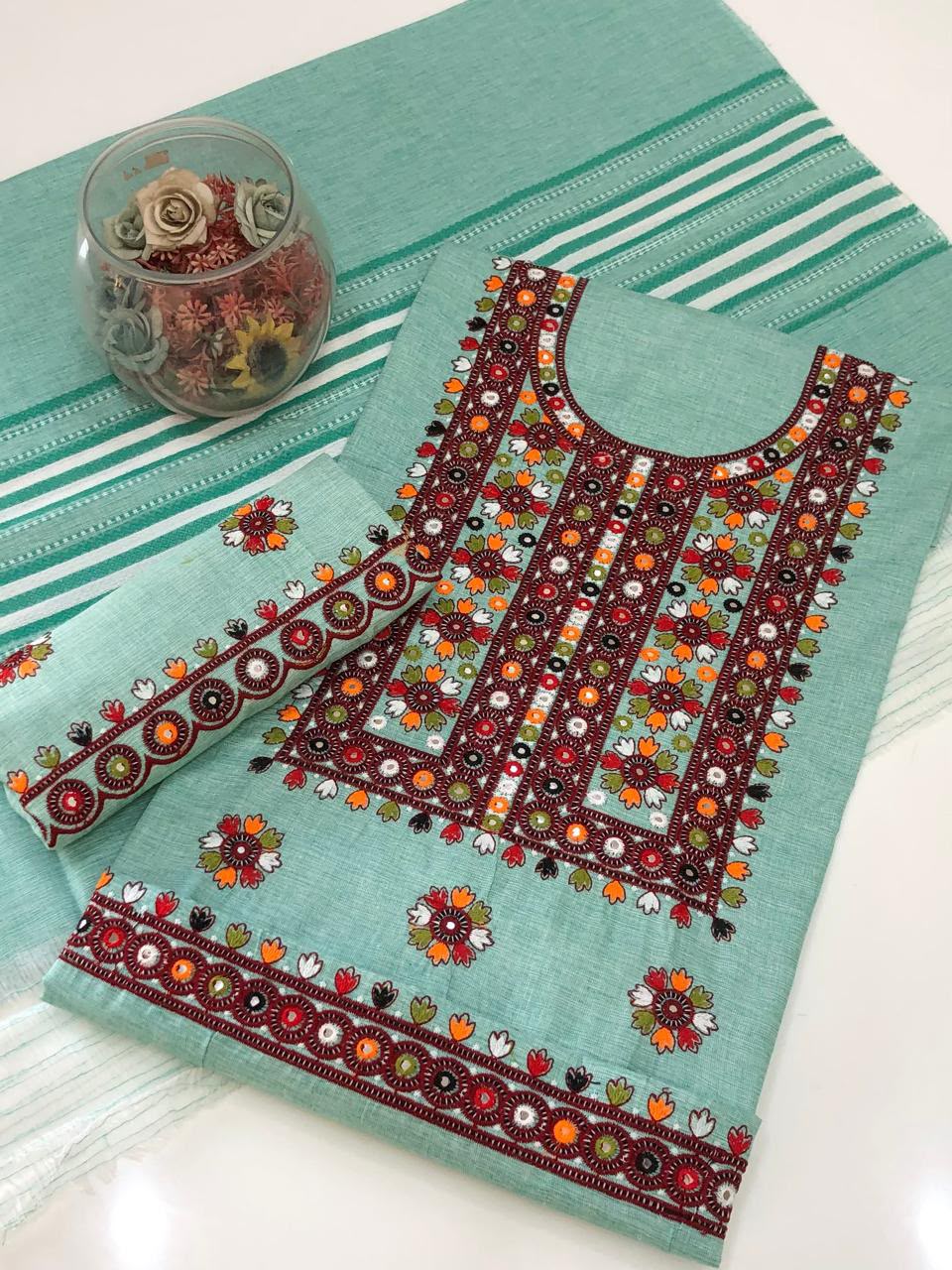 Balochi Galla Daman Embroidery Suit - Sea Green