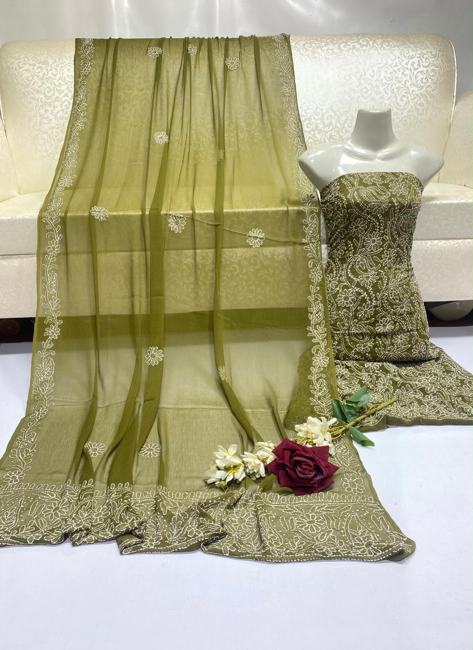 Handmade Chikankari Suit - 2Pc Shirt & Dupatta - Olive Khaki