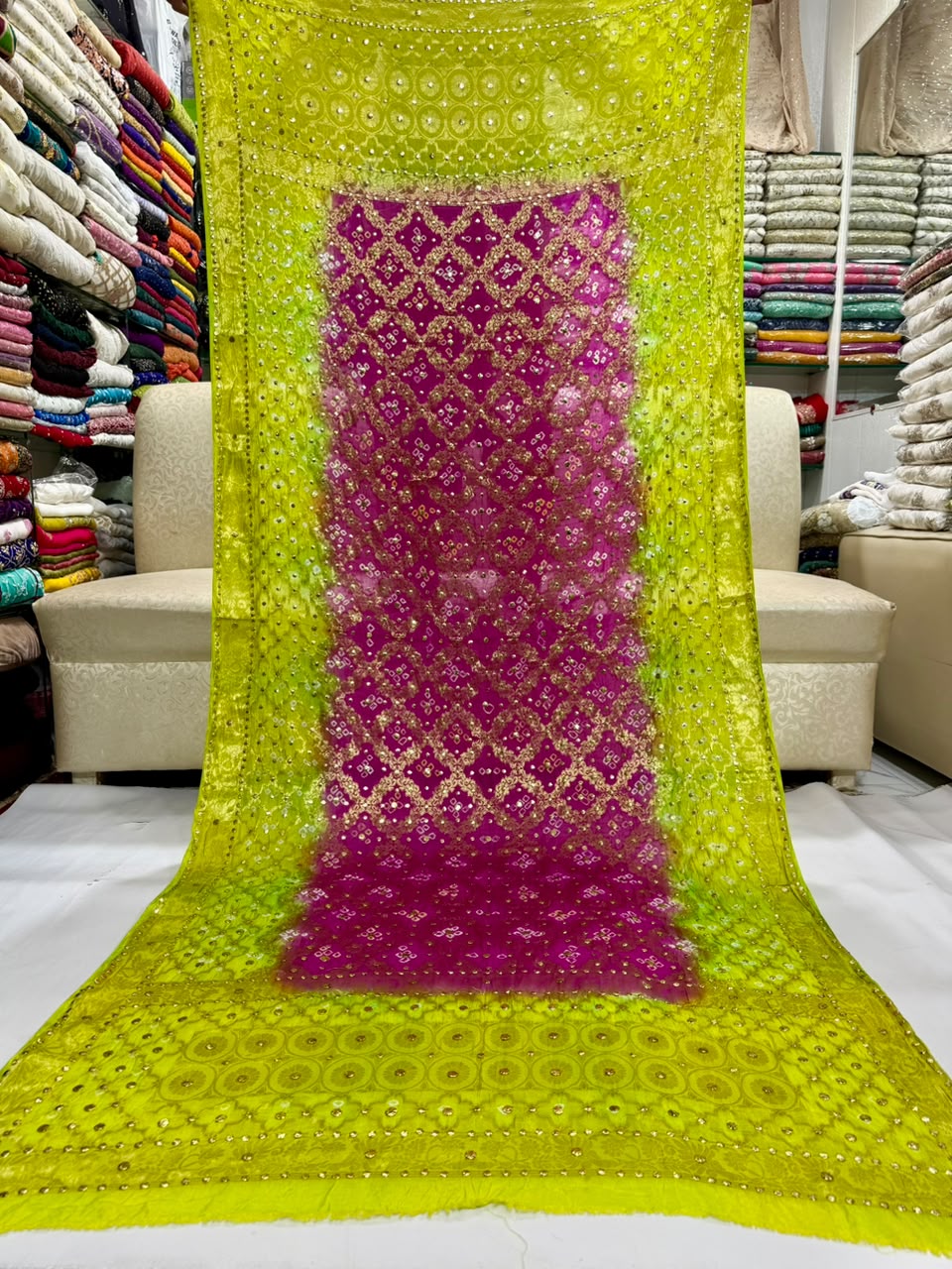 Gota & Chunri Mukesh Dupatta - Mehndi Green & Magenta