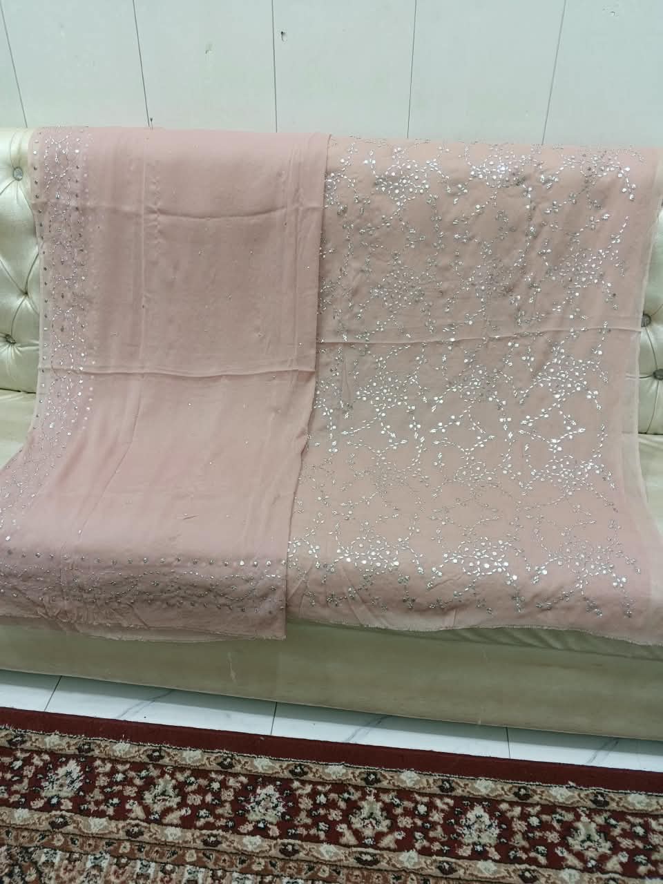 Handmade Mukesh Full Jaal Work Bamber Chiffon Suit - Tea Pink