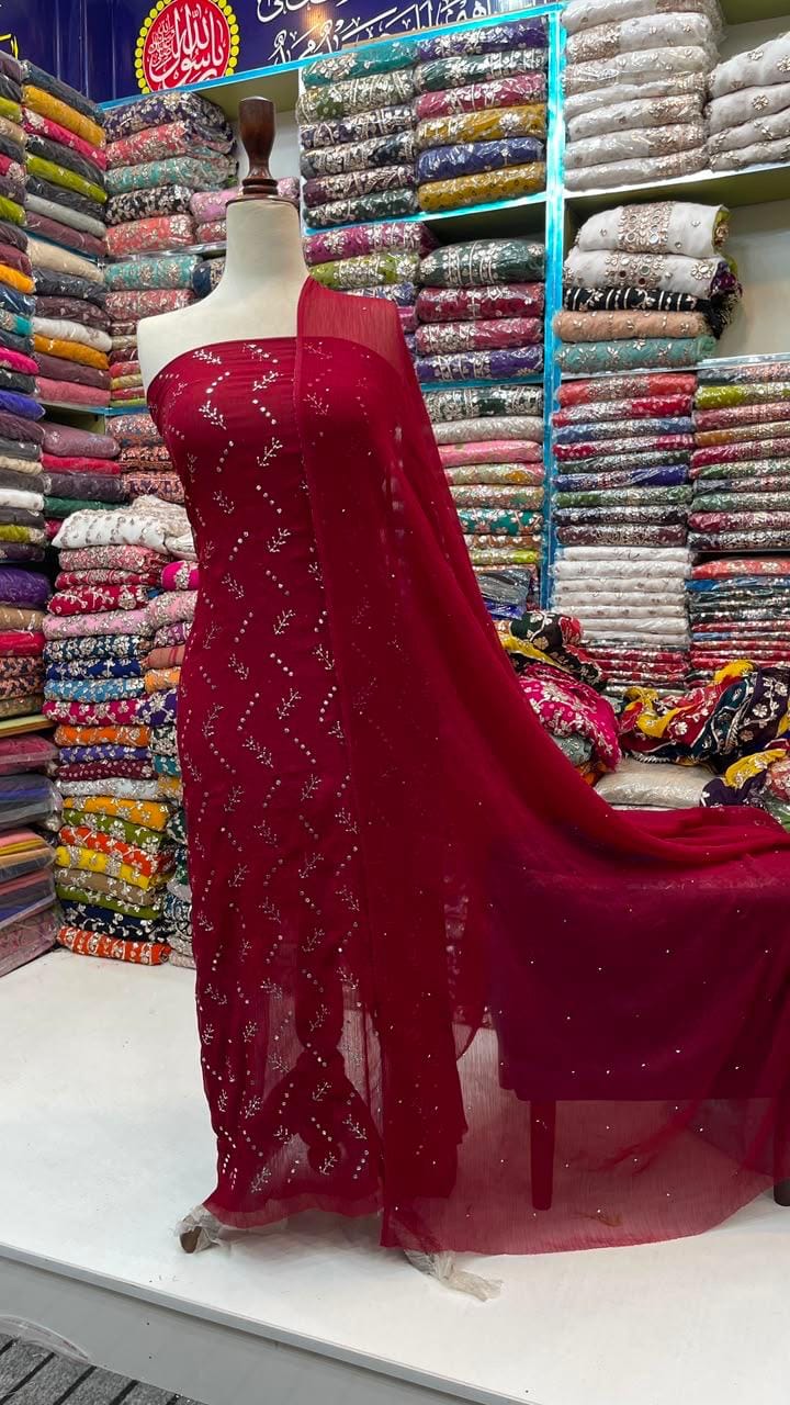 Handmade Mukesh Kamdani Work Suit - 2Pc Shirt & Dupatta - Maroon