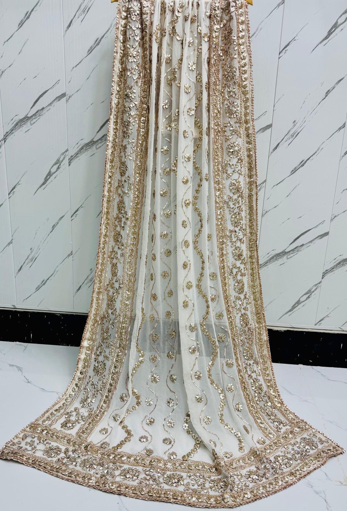 Handmade Off-White Chunri & LCD Gota Work Bamber Chiffon Dupatta - Design 8