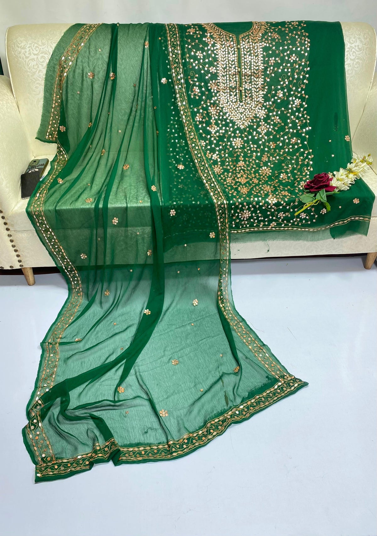 Handmade Press Gota Jaal Work Suit - 2Pc Shirt & Dupatta - Green