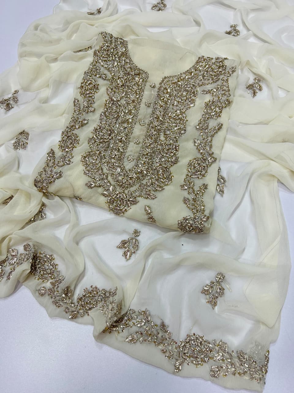 Handmade Seep Gota & Pearl Work Suit - Off White