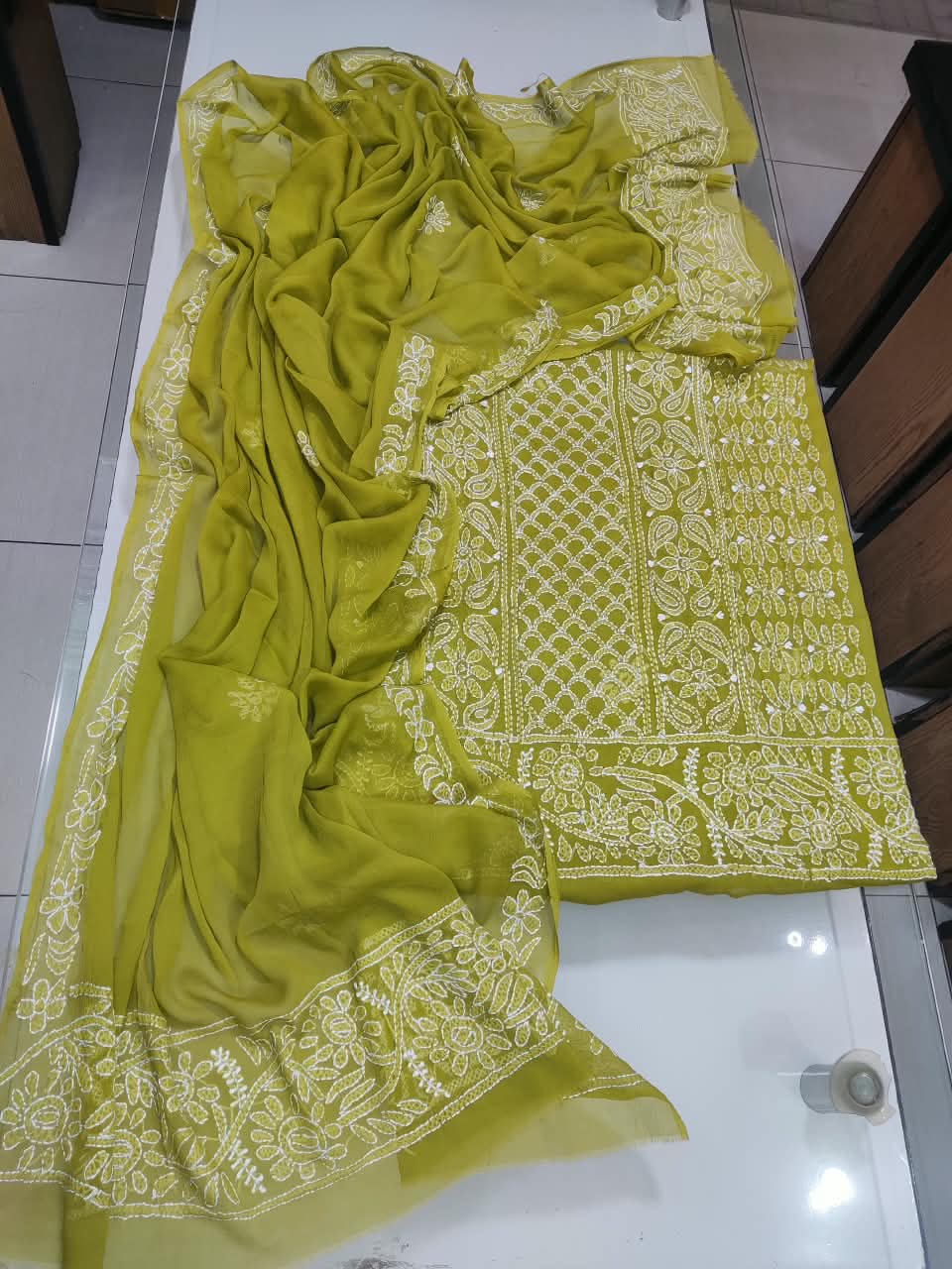 Handmade Shadow Chikankari Jaal Suit - Olive Green