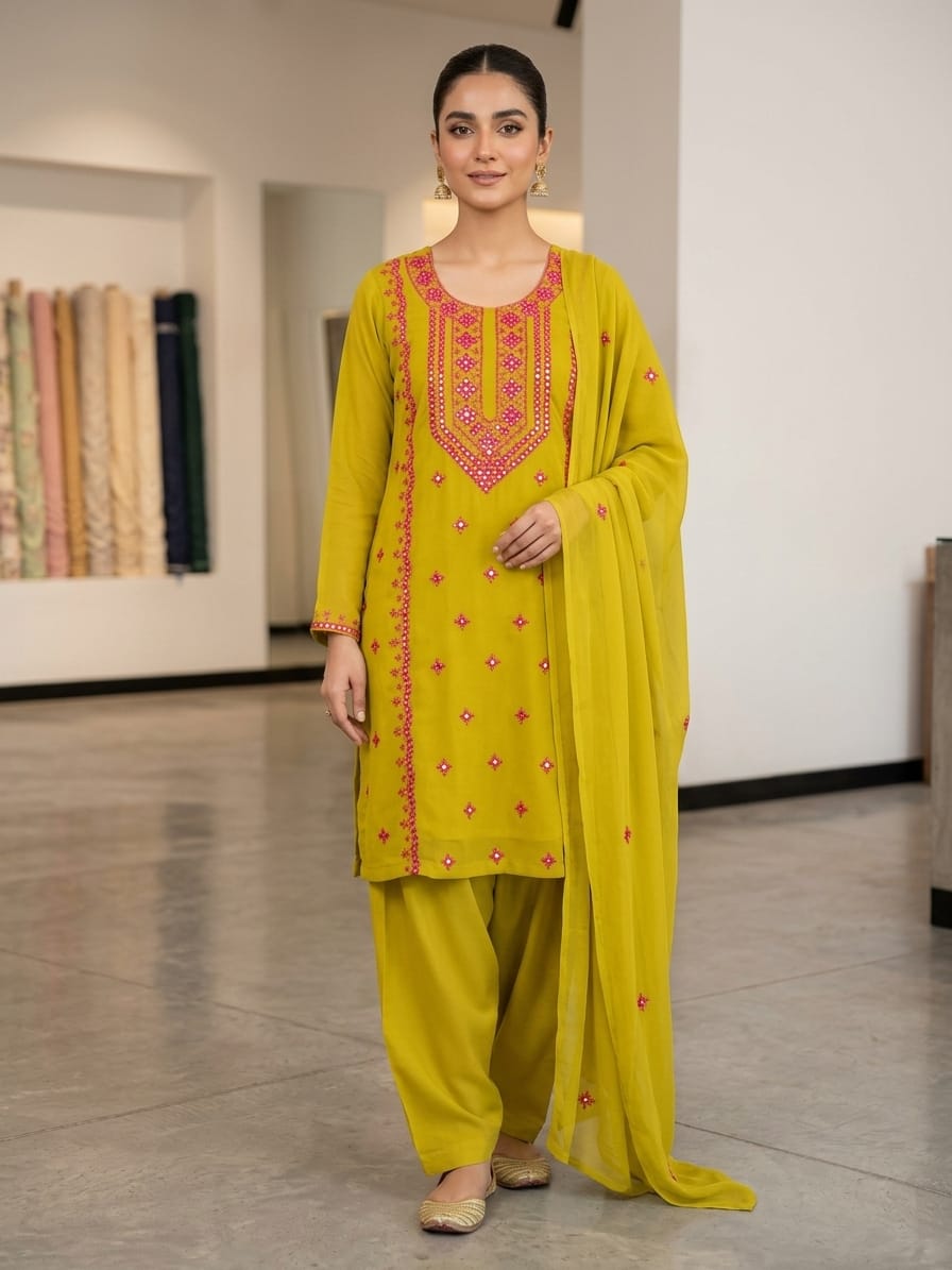 Pakka Tanka Mirror Work Suit - Mustard