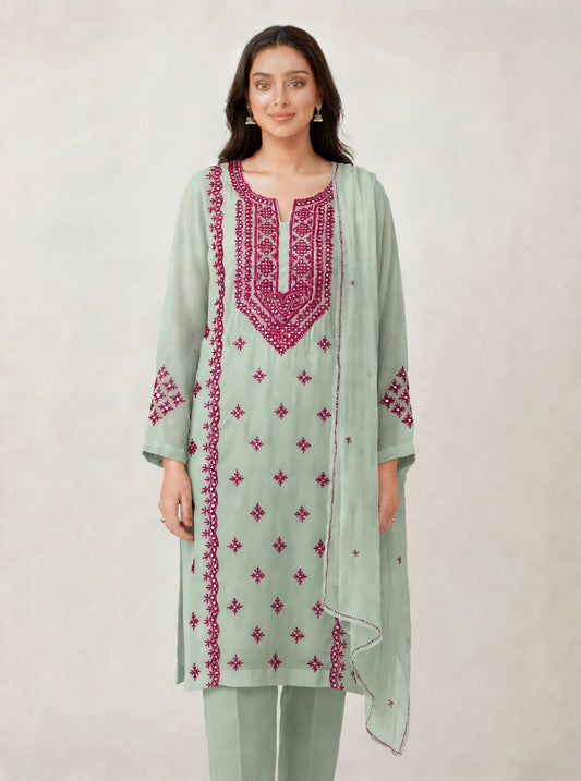 Pakka Tanka Mirror Work Suit - Sea Green