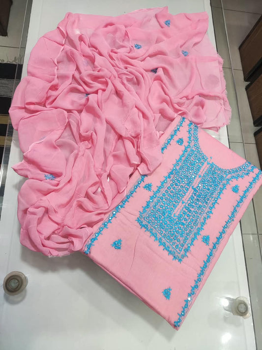 Pakka Tanka Sheesha Work Suit - 3Pc Shirt, Shalwar & Dupatta - Baby Pink & Turquoise