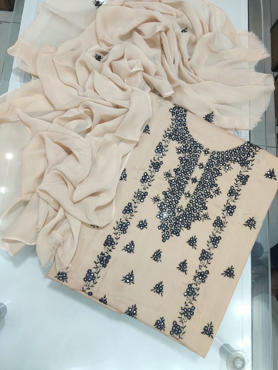 Pakka Tanka Sheesha Work Suit - 3Pc Shirt, Shalwar & Dupatta - Beige & Black