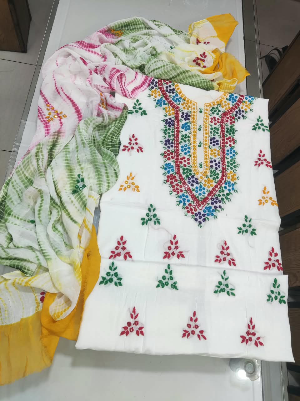 Pakka Tanka Sheesha Work Suit - 3Pc Shirt, Shalwar & Dupatta - Ivory Multicolor