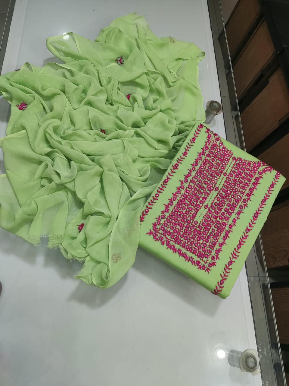 Pakka Tanka Sheesha Work Suit - 3Pc Shirt, Shalwar & Dupatta - Lime Green & Magenta