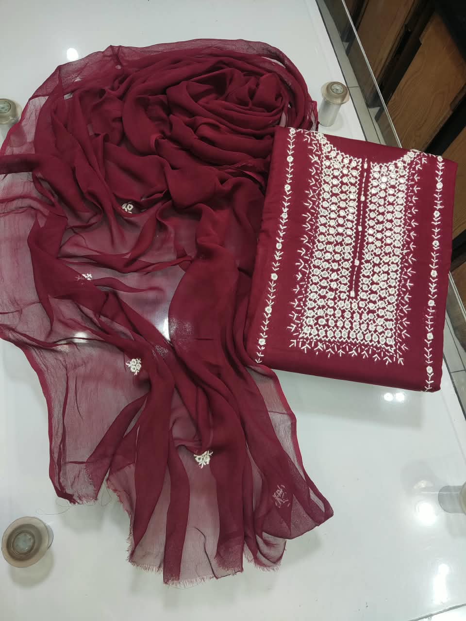 Pakka Tanka Sheesha Work Suit - 3Pc Shirt, Shalwar & Dupatta - Maroon & White