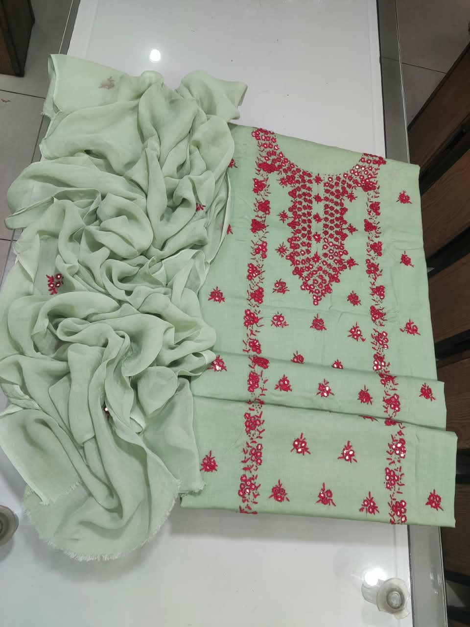 Pakka Tanka Sheesha Work Suit - 3Pc Shirt, Shalwar & Dupatta - Mint Green & Red