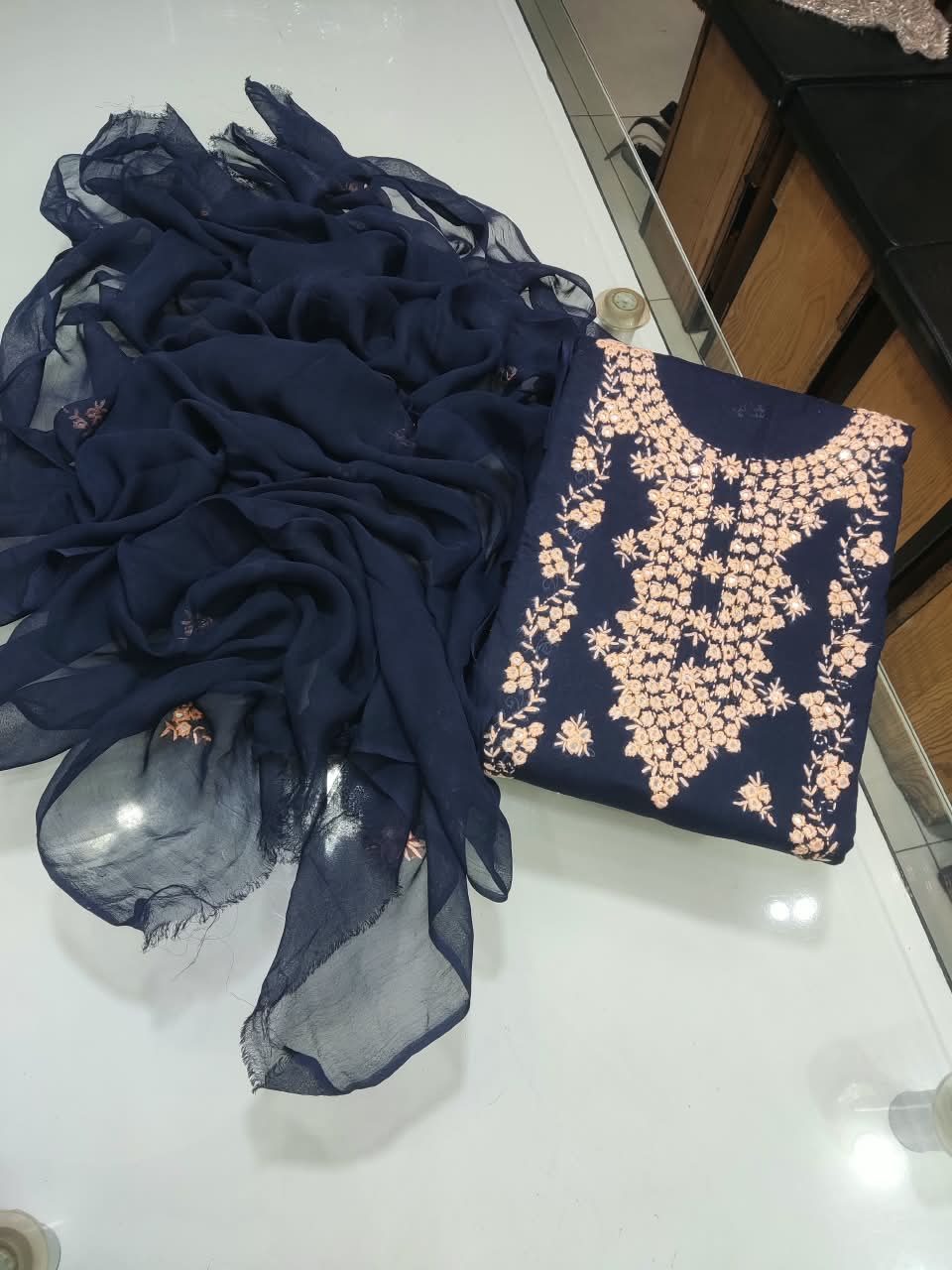 Pakka Tanka Sheesha Work Suit - 3Pc Shirt, Shalwar & Dupatta - Navy & Peach