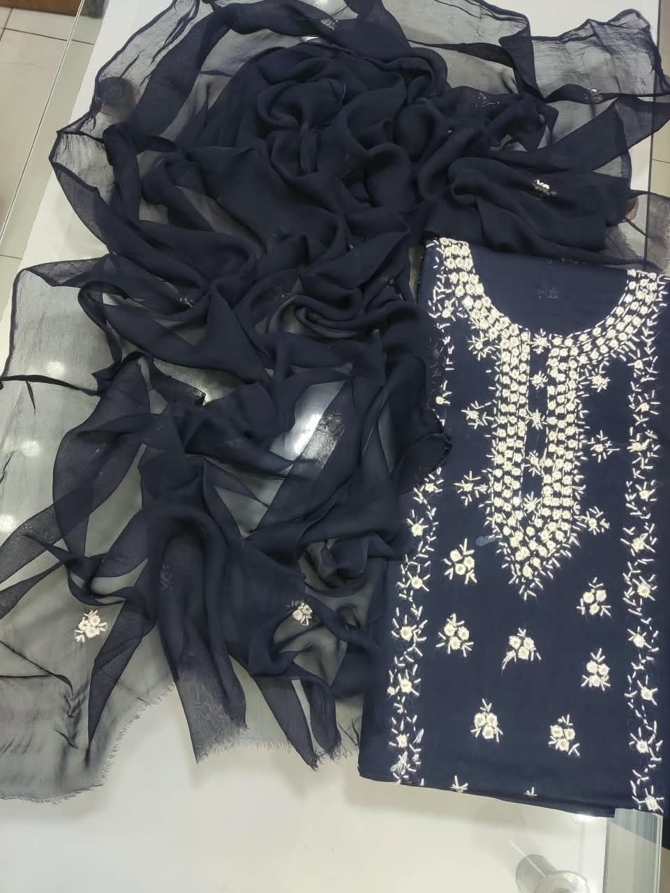 Pakka Tanka Sheesha Work Suit - 3Pc Shirt, Shalwar & Dupatta - Navy & White