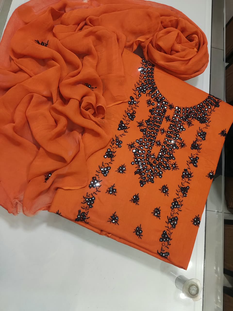 Pakka Tanka Sheesha Work Suit - 3Pc Shirt, Shalwar & Dupatta - Orange & Black
