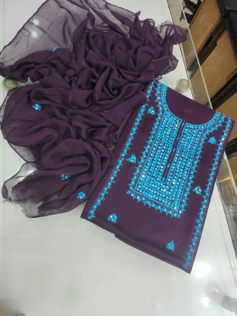 Pakka Tanka Sheesha Work Suit - 3Pc Shirt, Shalwar & Dupatta - Plum & Turquoise