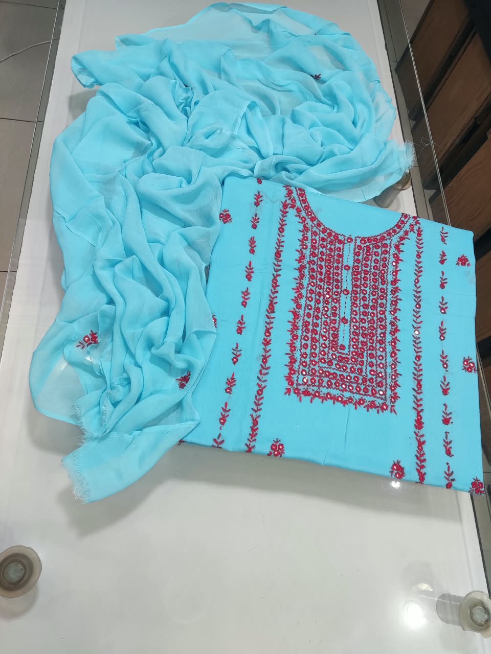 Pakka Tanka Sheesha Work Suit - 3Pc Shirt, Shalwar & Dupatta - Sky Blue & Magenta
