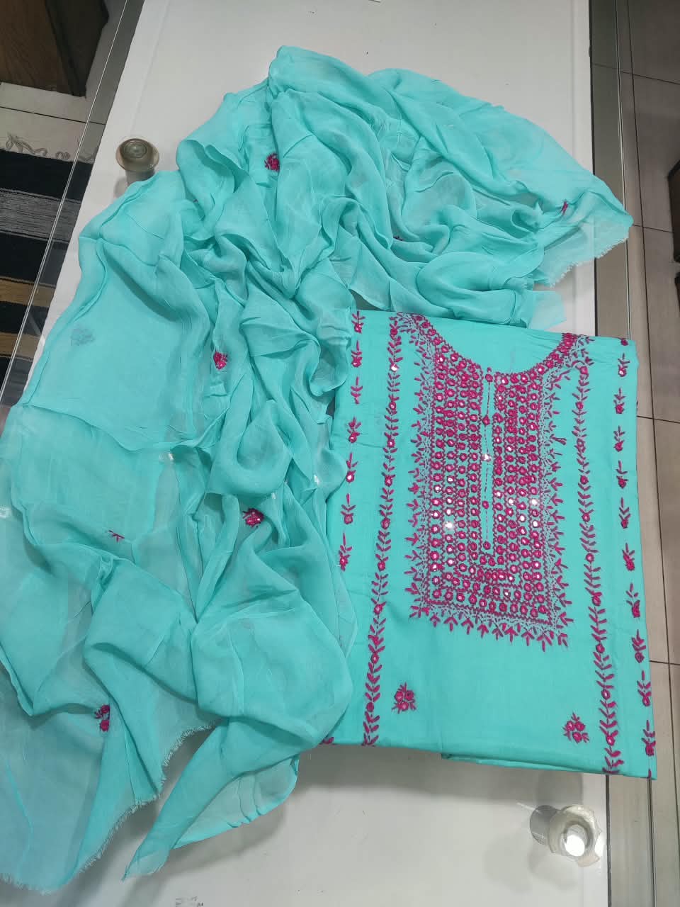 Pakka Tanka Sheesha Work Suit - 3Pc Shirt, Shalwar & Dupatta - Turquoise & Magenta
