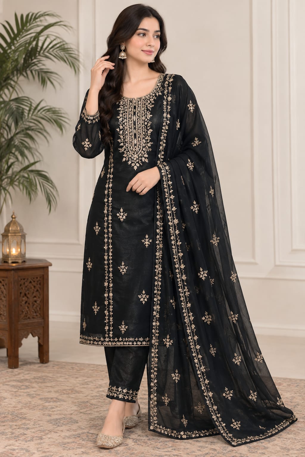 Handmade Seep Gota Work Shirt & Dupatta - Black, worn