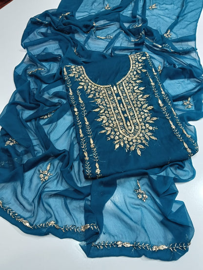 Handmade Seep Gota Work Shirt & Dupatta - Peacock Blue