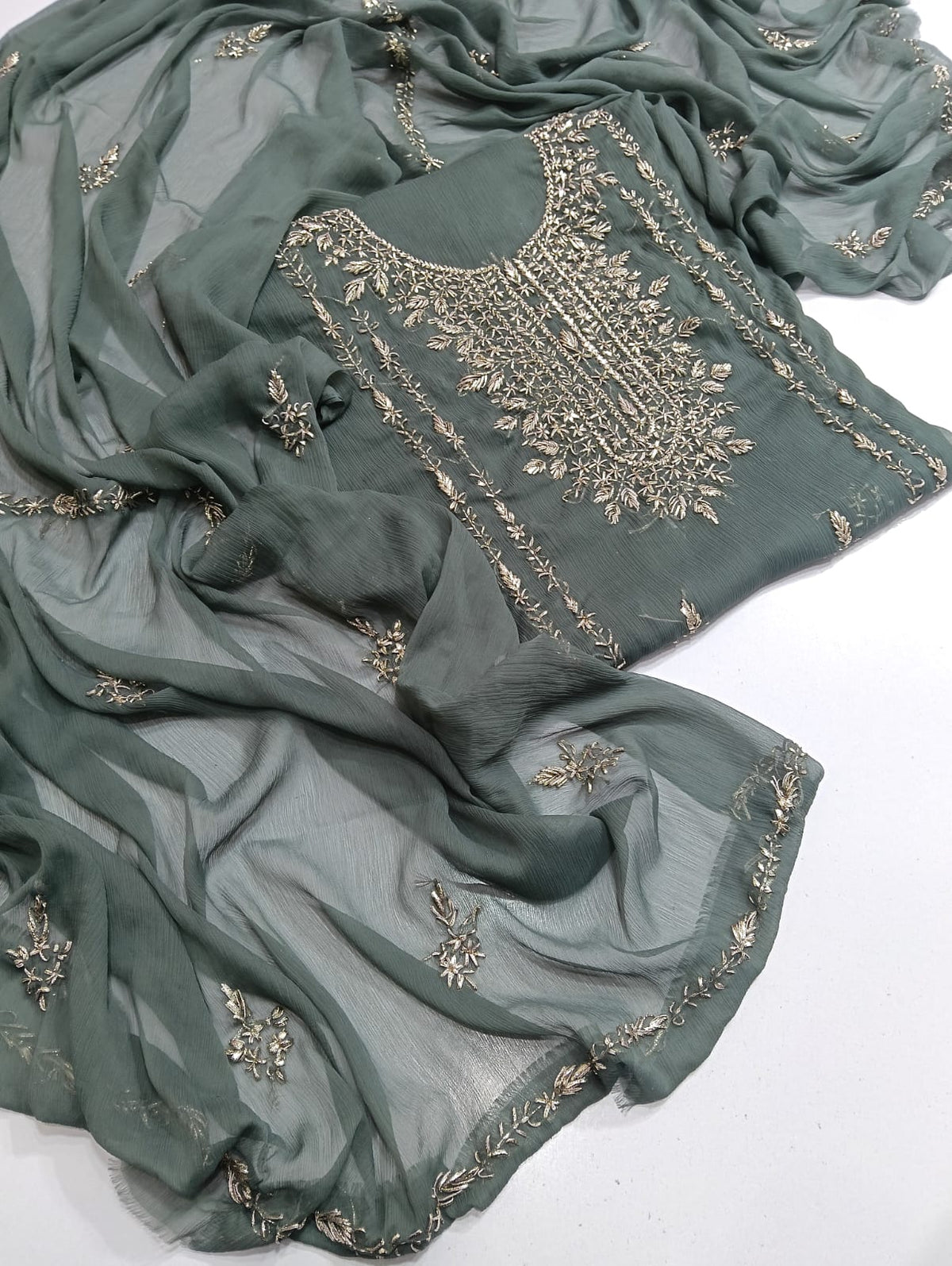 Handmade Seep Gota Work Shirt & Dupatta - Sage Green