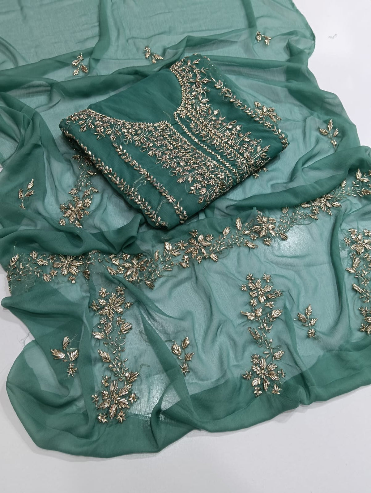 Handmade Seep Gota Work Shirt & Dupatta - Bottle Green