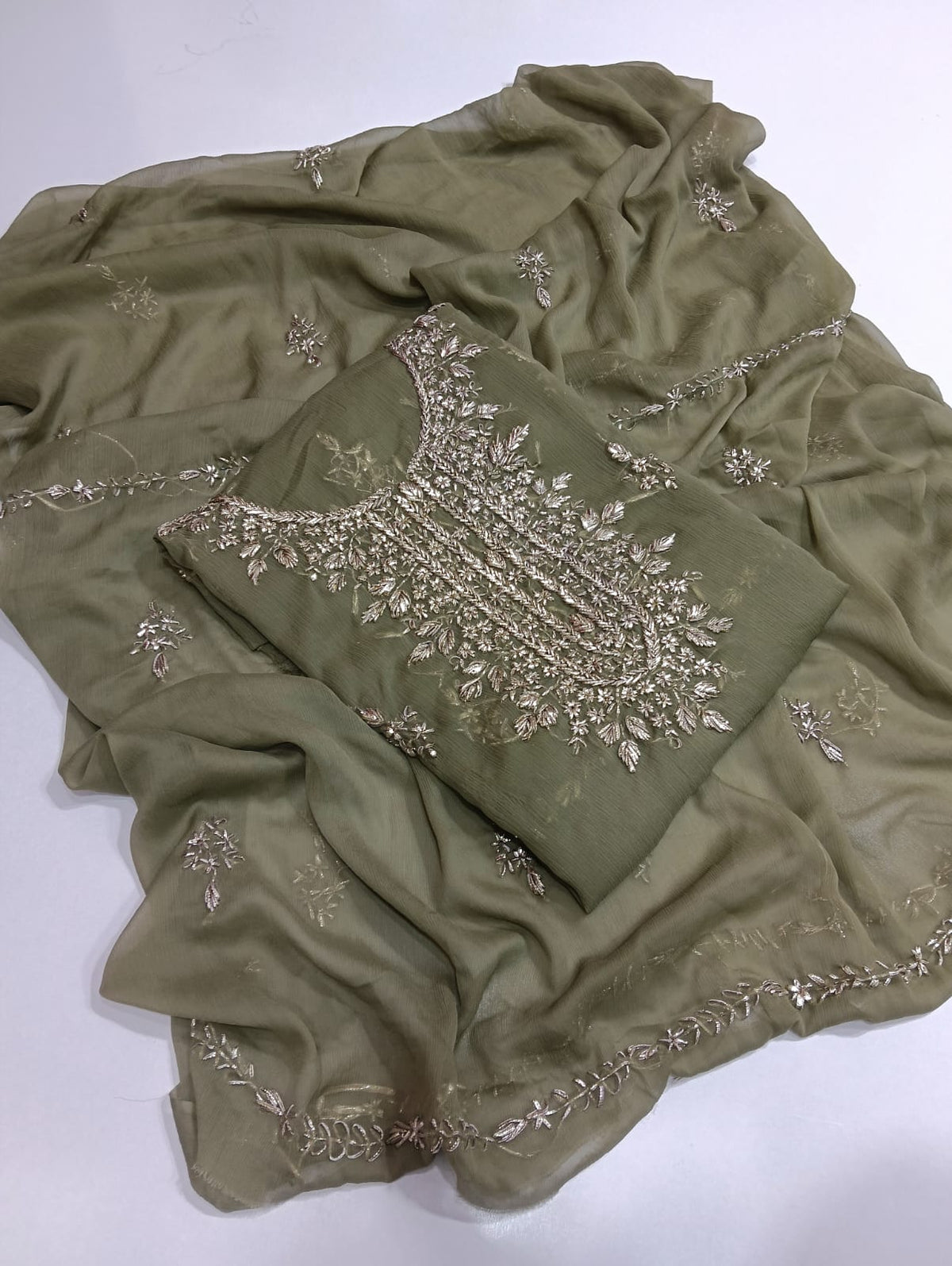 Handmade Seep Gota Work Shirt & Dupatta - Olive Green