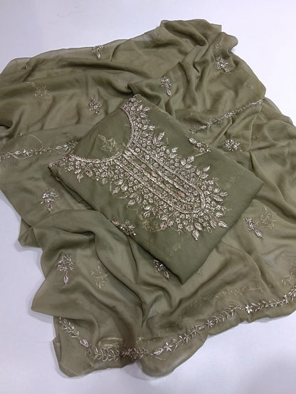 Handmade Seep Gota Work Shirt & Dupatta - Olive Green