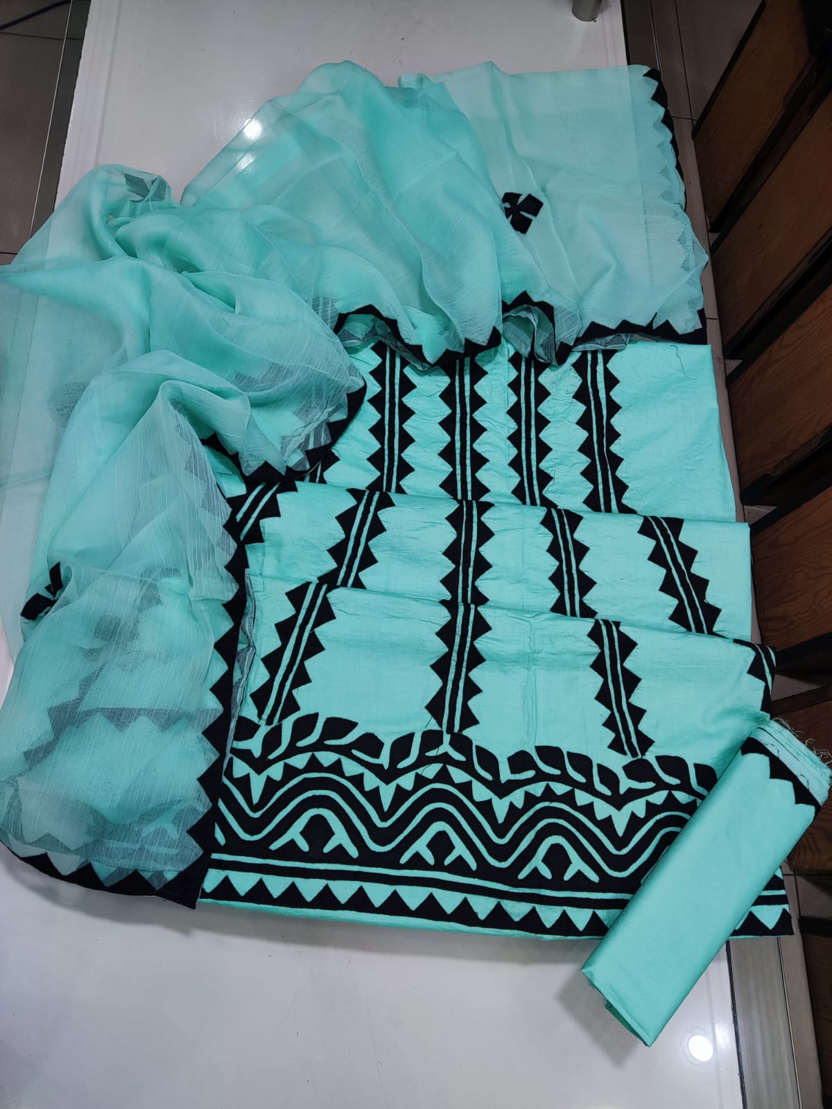 Handmade Applique Hand Work Lawn Suit - Aqua & Black