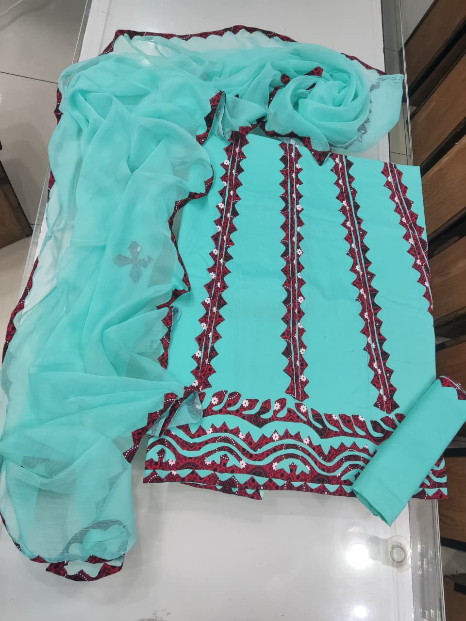 Handmade Applique Hand Work Lawn Suit - Aqua & Brown