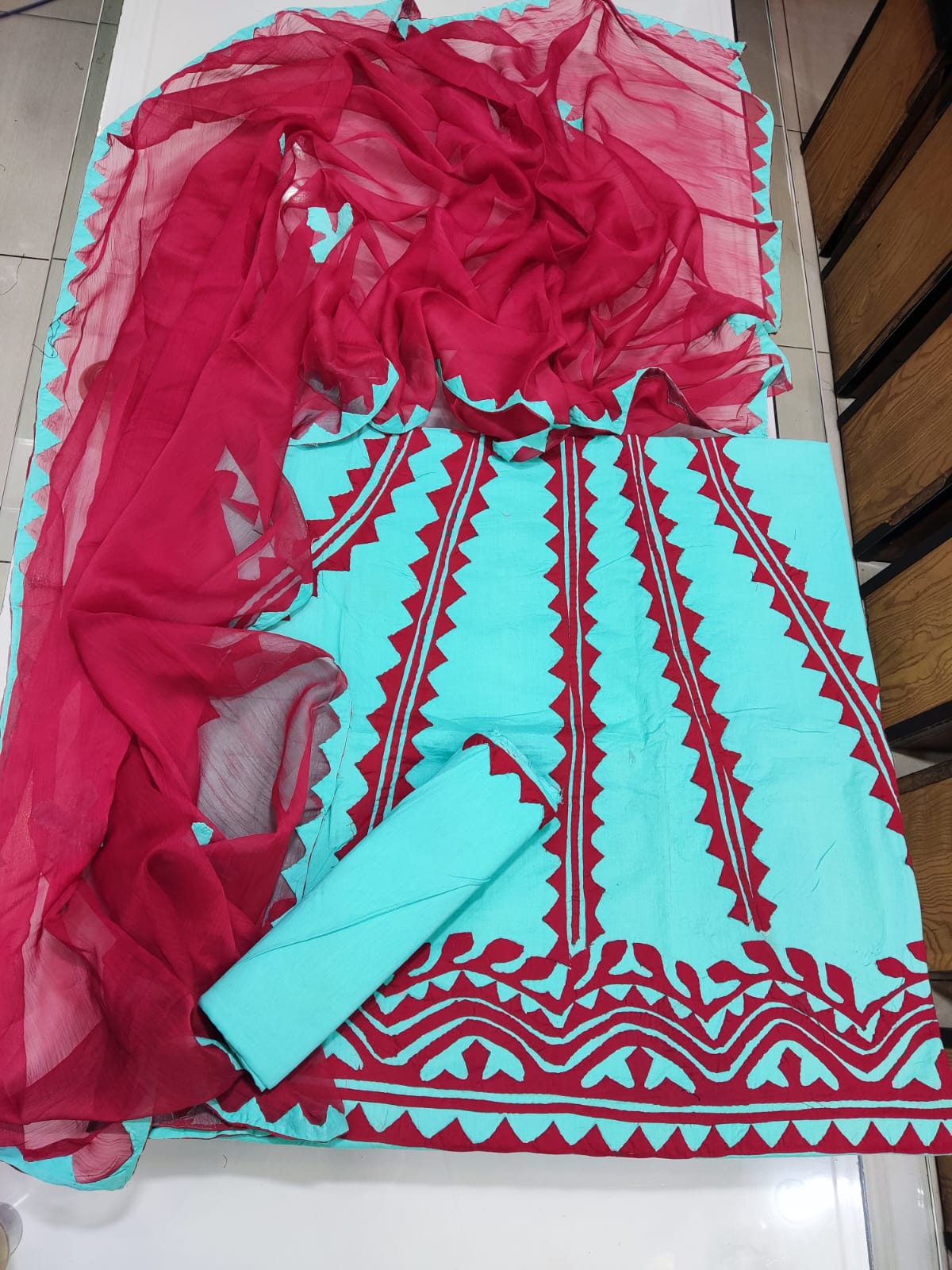 Handmade Applique Hand Work Lawn Suit - Aqua & Red