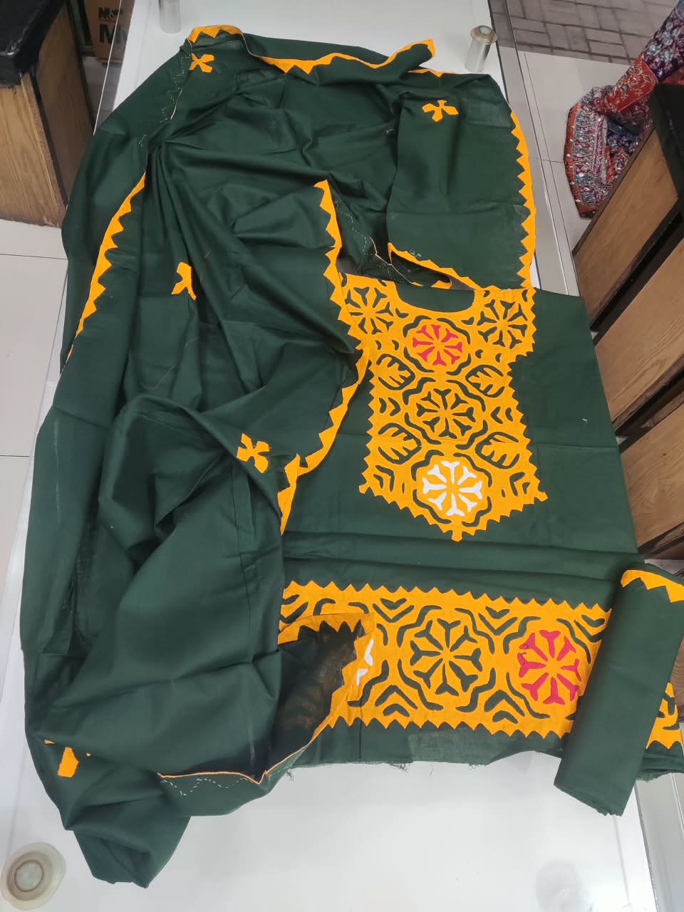 Handmade Applique Hand Work Lawn Suit - Bottle Green & Mustard