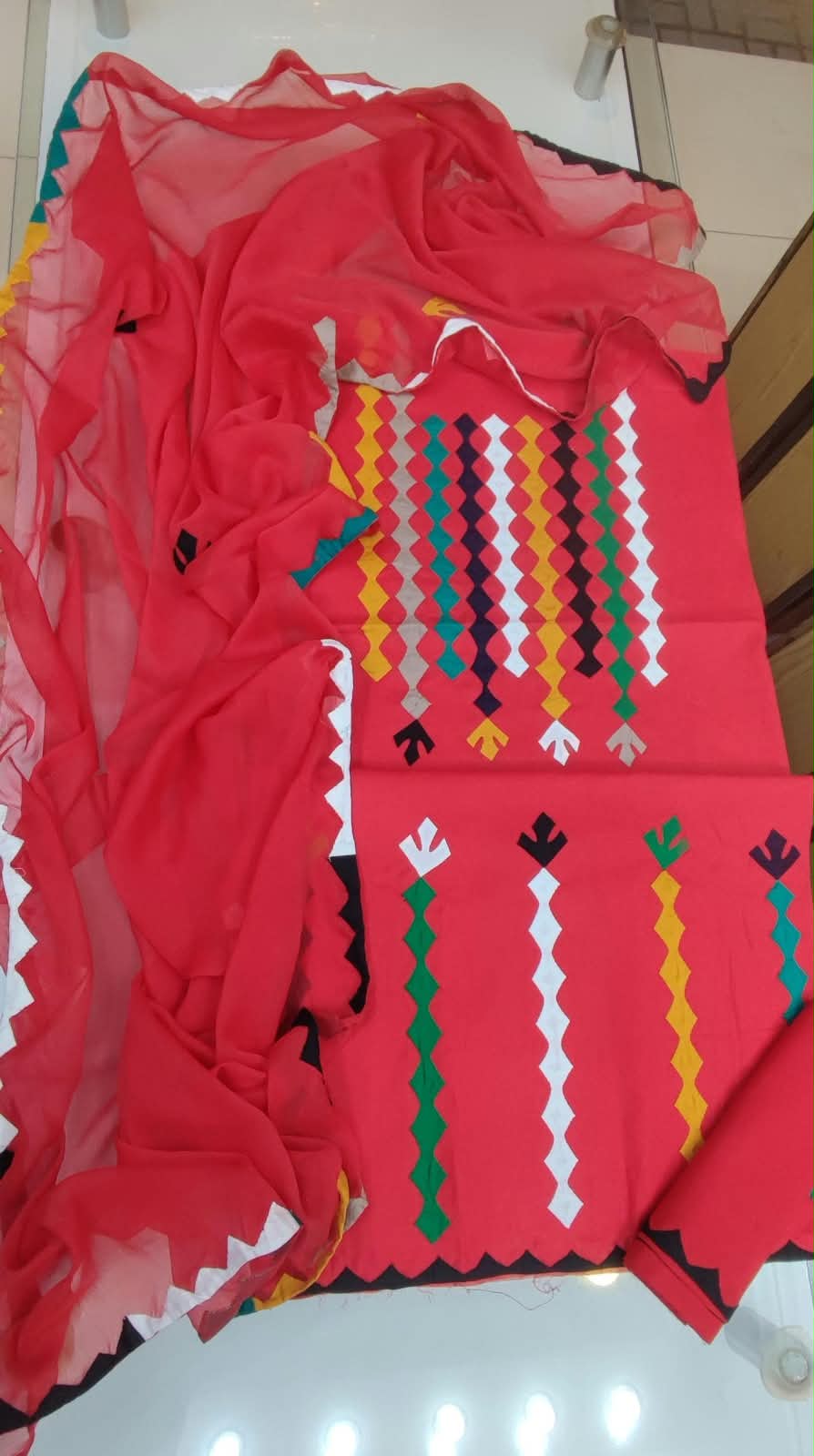 Handmade Applique Hand Work Lawn Suit - Coral Multi