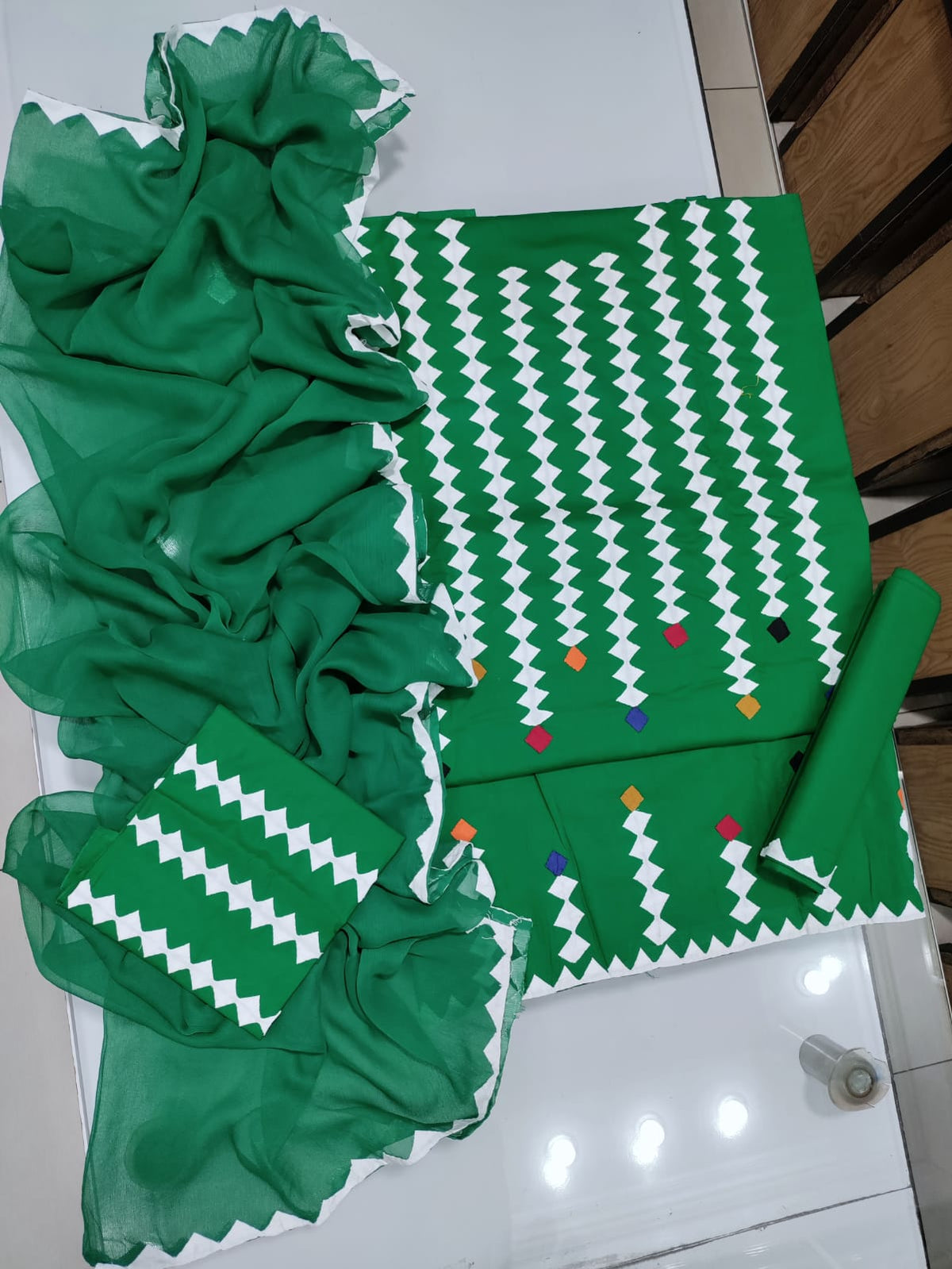 Handmade Applique Hand Work Lawn Suit - Green & White