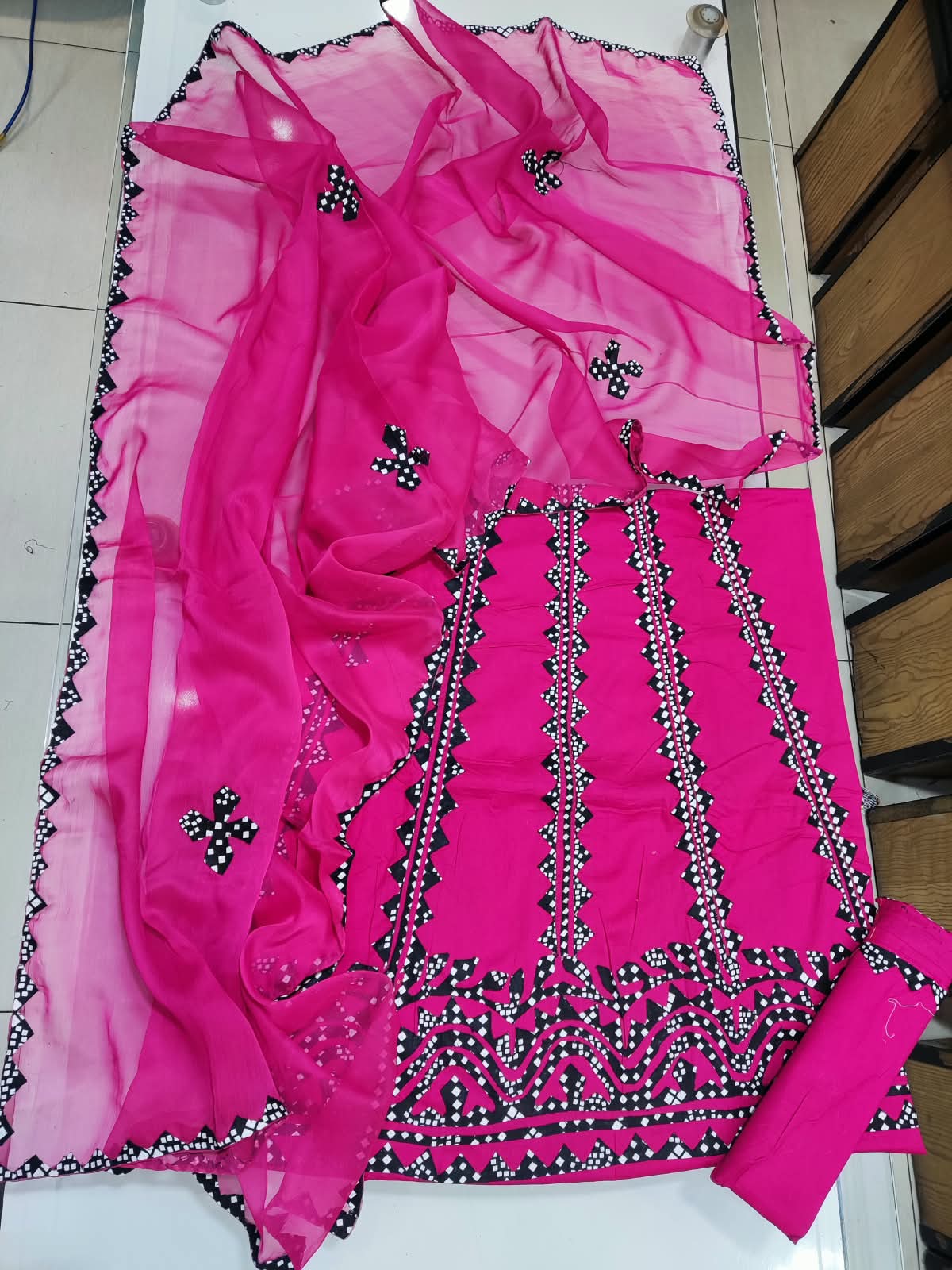 Handmade Applique Hand Work Lawn Suit - Hot Pink