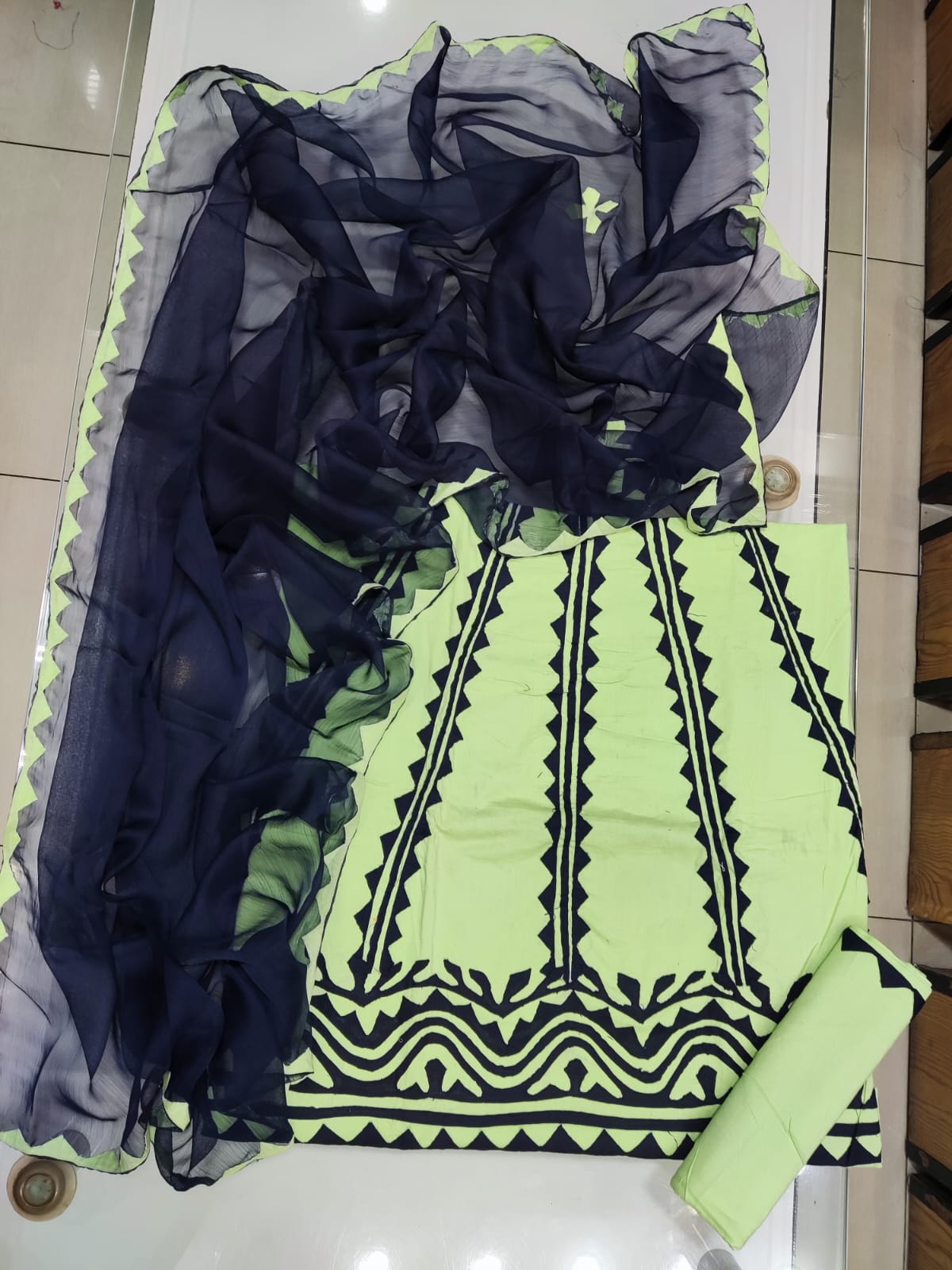 Handmade Applique Hand Work Lawn Suit - Lime & Navy