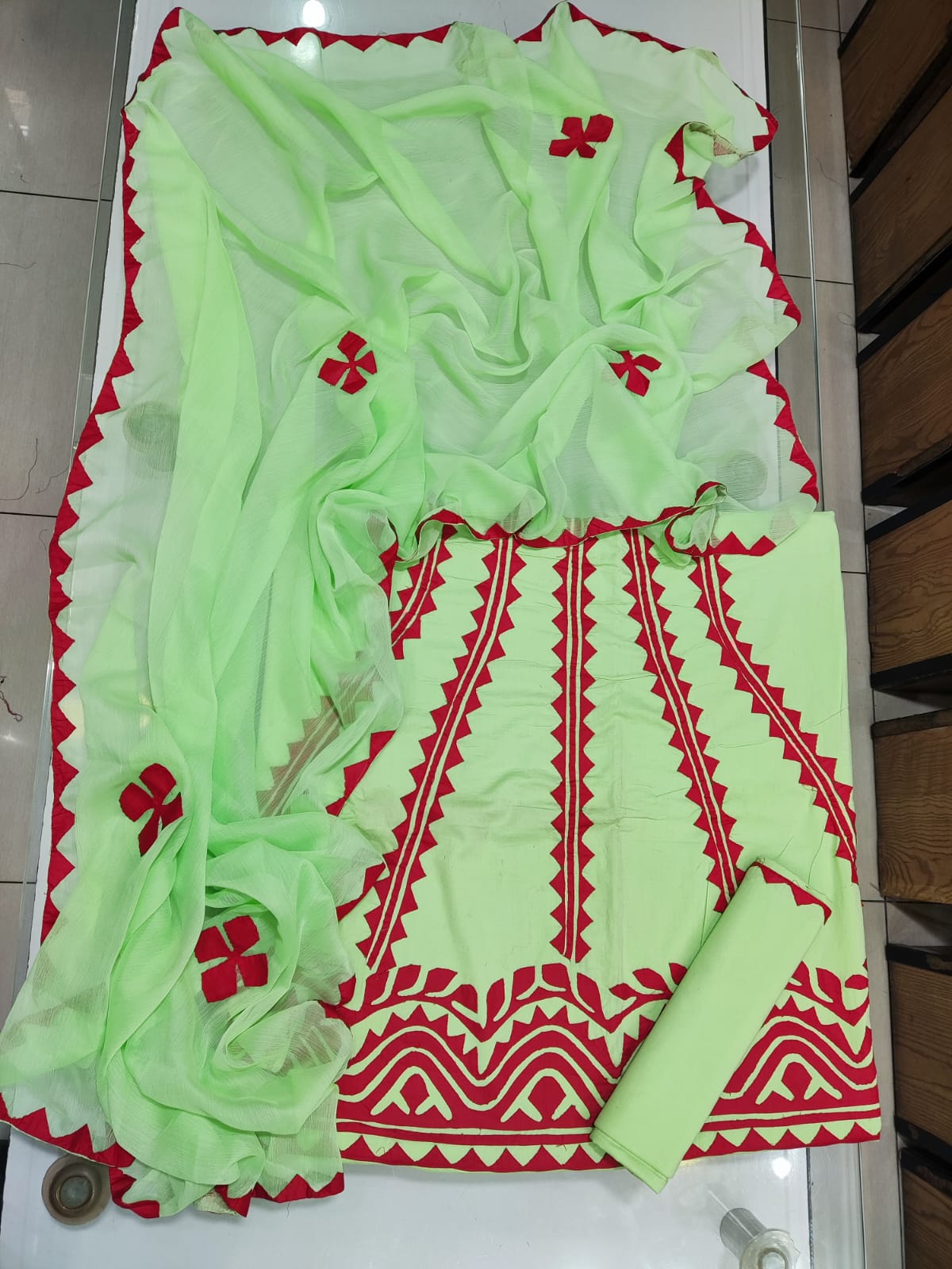 Handmade Applique Hand Work Lawn Suit - Mint & Red