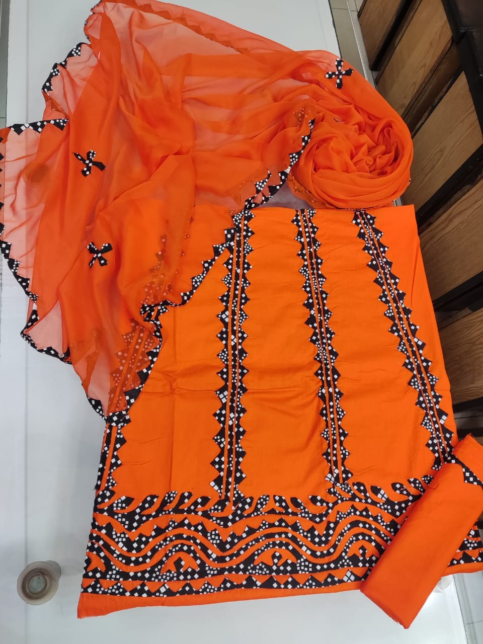Handmade Applique Hand Work Lawn Suit - Orange