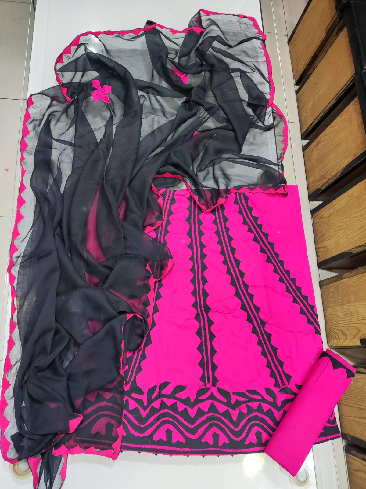 Handmade Applique Hand Work Lawn Suit - Pink & Grey