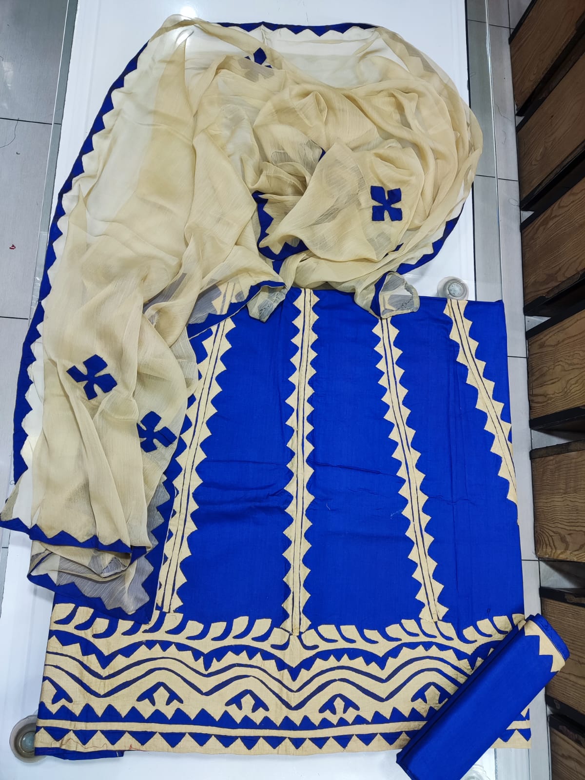 Handmade Applique Hand Work Lawn Suit - Royal Blue & Cream