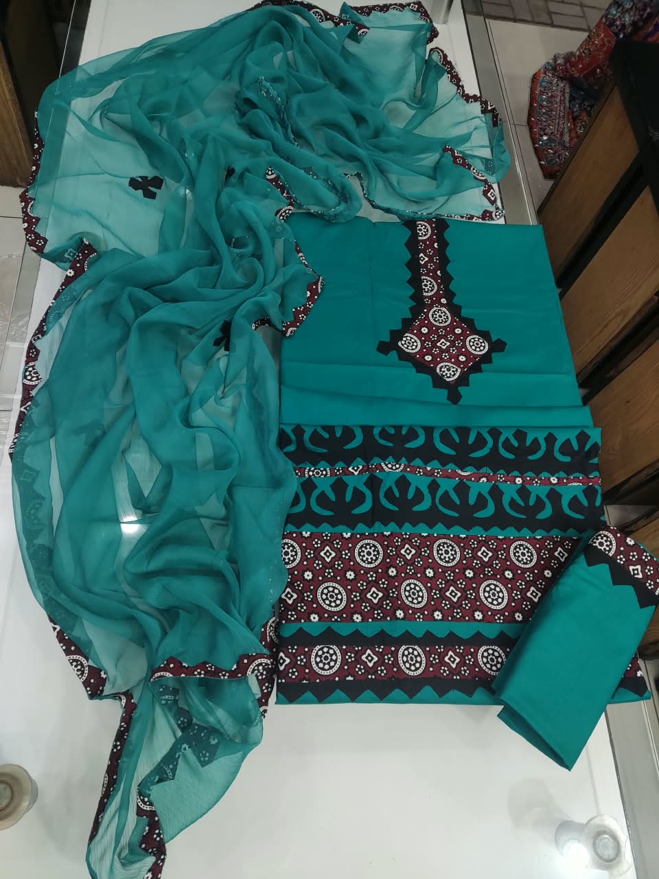 Handmade Applique Hand Work Lawn Suit - Teal & Maroon