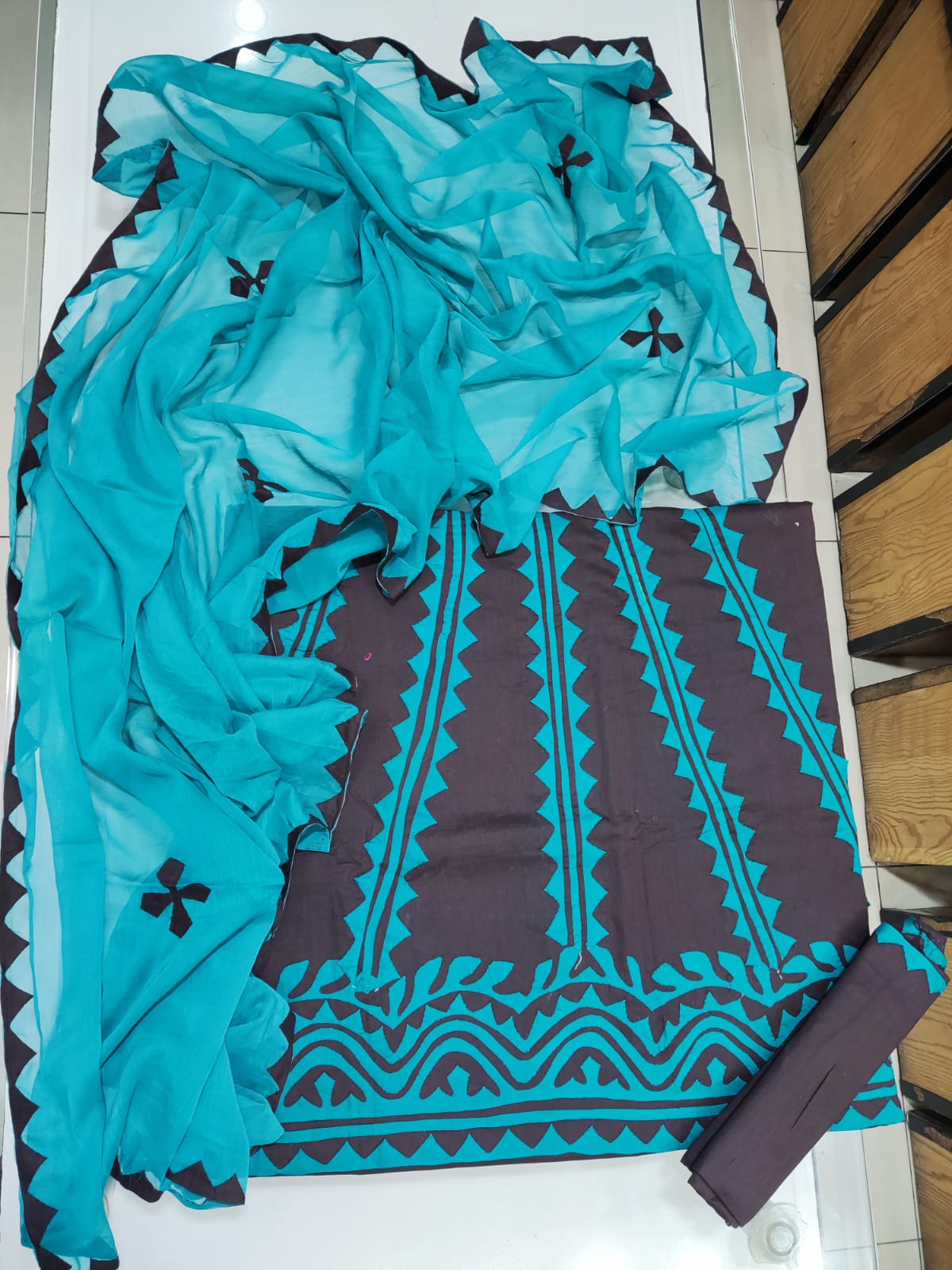 Handmade Applique Hand Work Lawn Suit - Turquoise & Brown