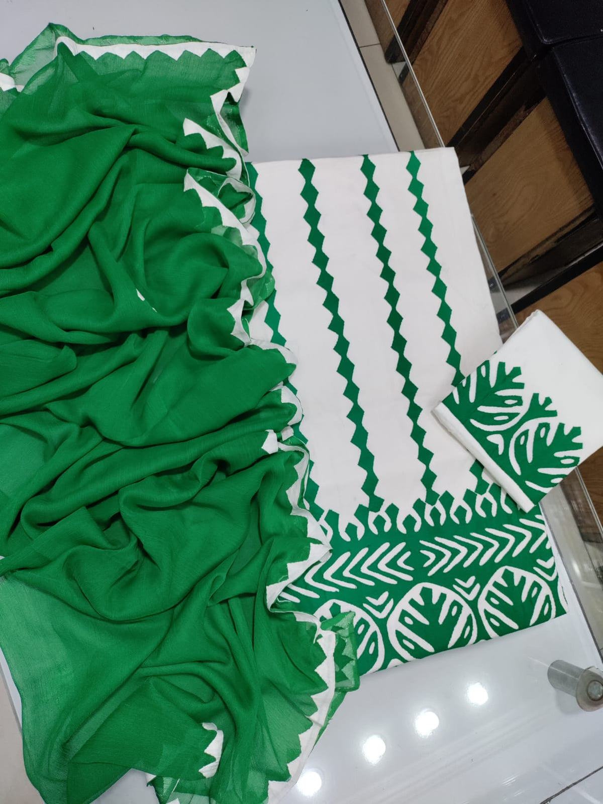 Handmade Applique Hand Work Lawn Suit - White & Green