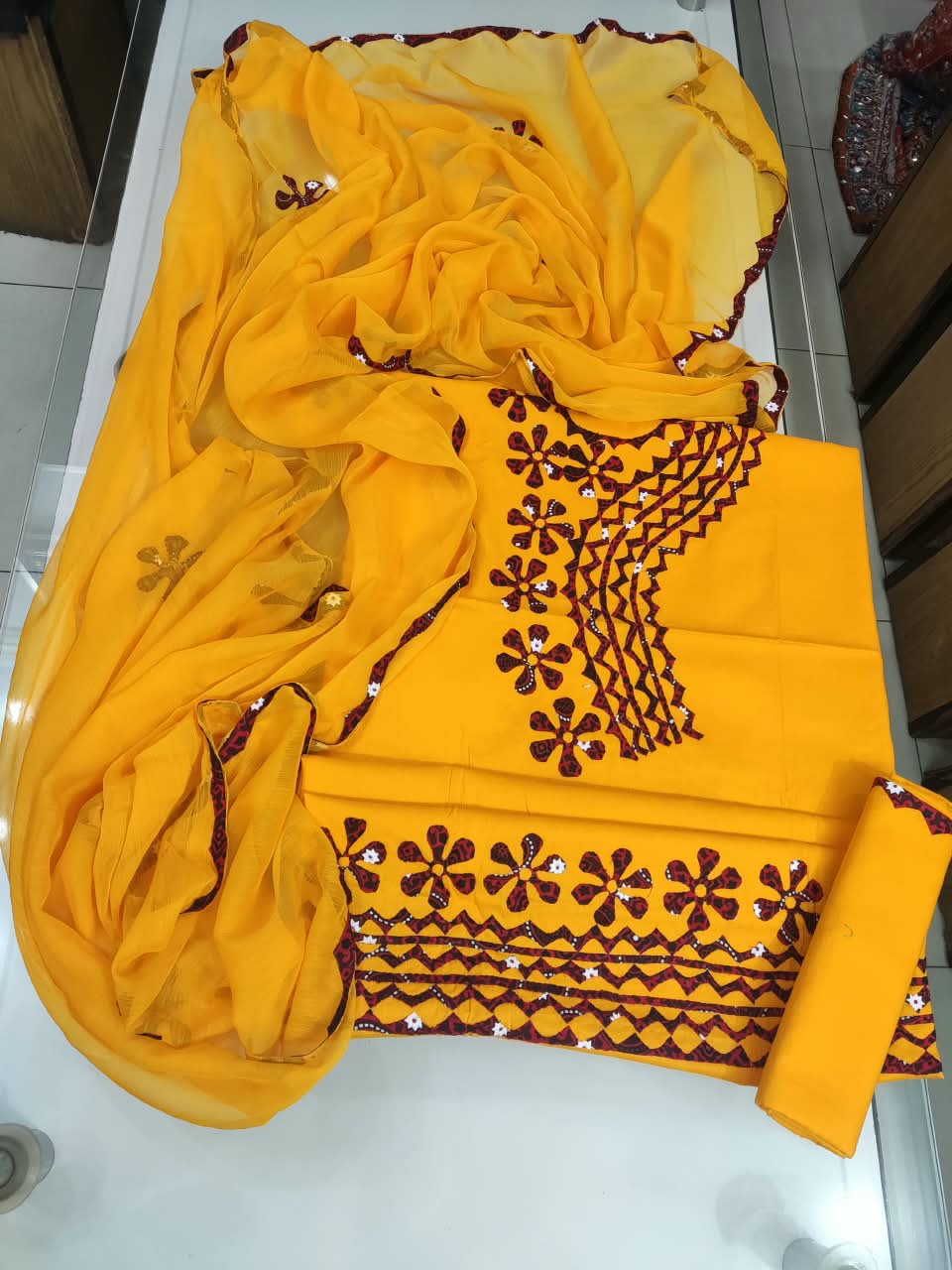 Handmade Applique Hand Work Lawn Suit - Yellow & Brown
