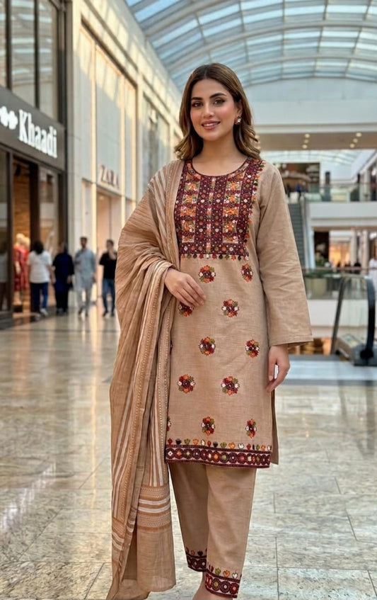 Balochi Galla Daman Embroidery Suit - Beige