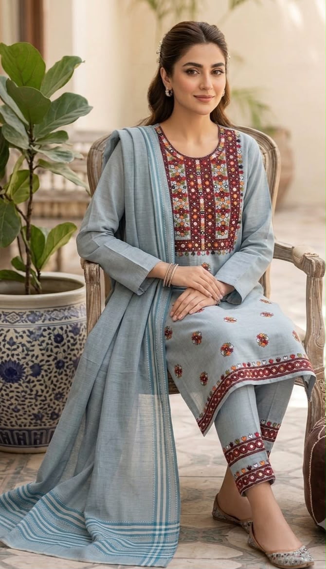 Balochi Galla Daman Embroidery Suit - Dusty Blue