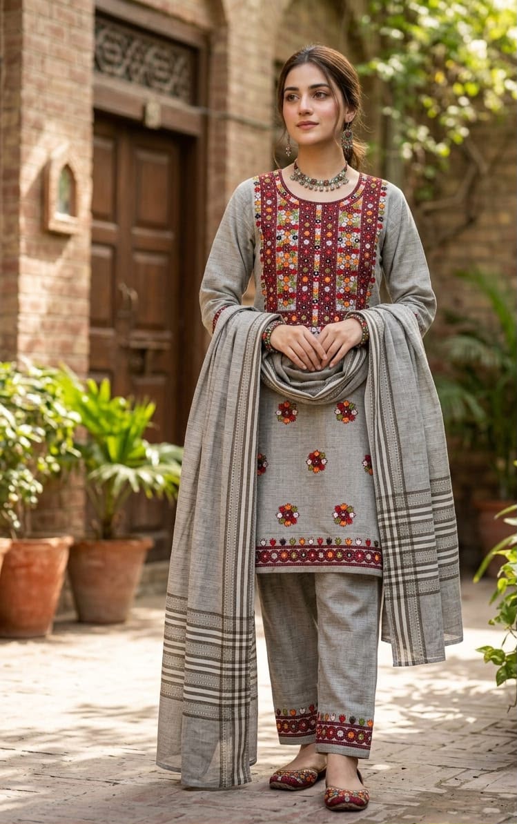 Balochi Galla Daman Embroidery Suit - Grey