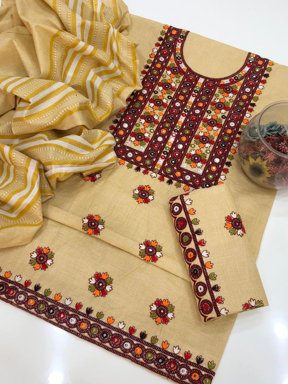 Balochi Galla Daman Embroidery Suit - Mustard Yellow